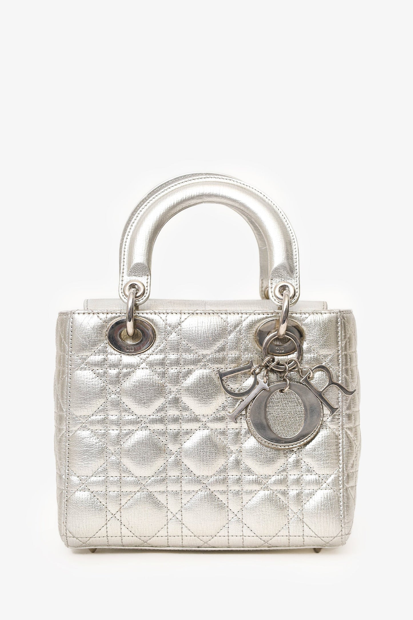 Christian Dior 2017 Silver Metallic Leather Cannage Small Lady Dior with Strap