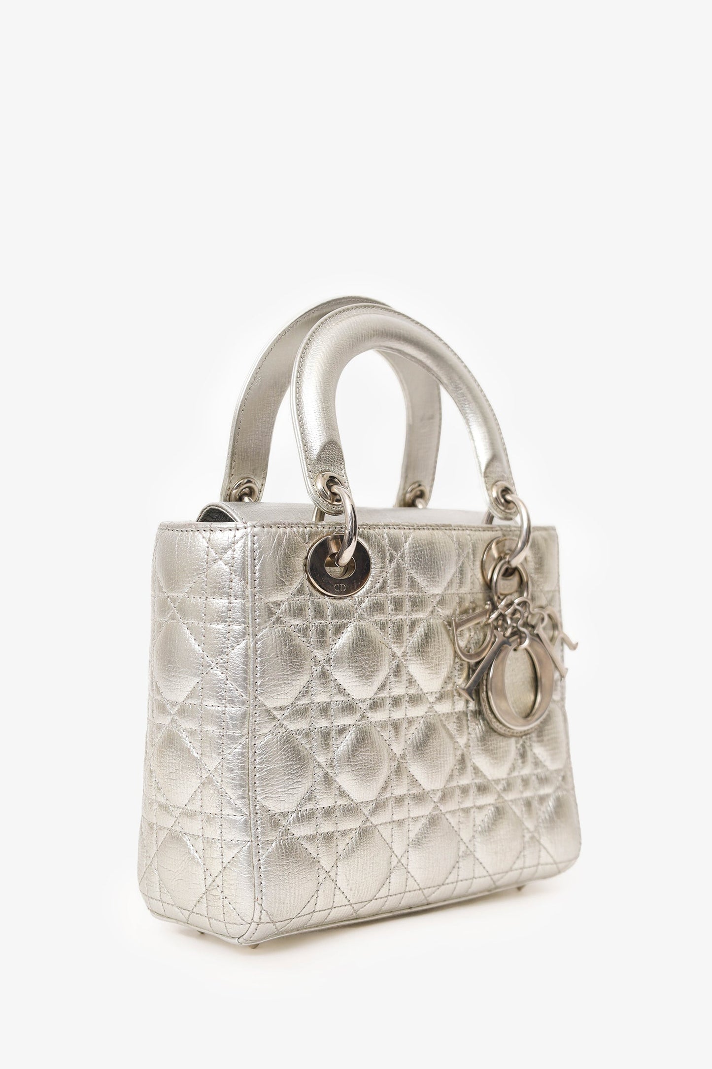 Christian Dior 2017 Silver Metallic Leather Cannage Small Lady Dior with Strap