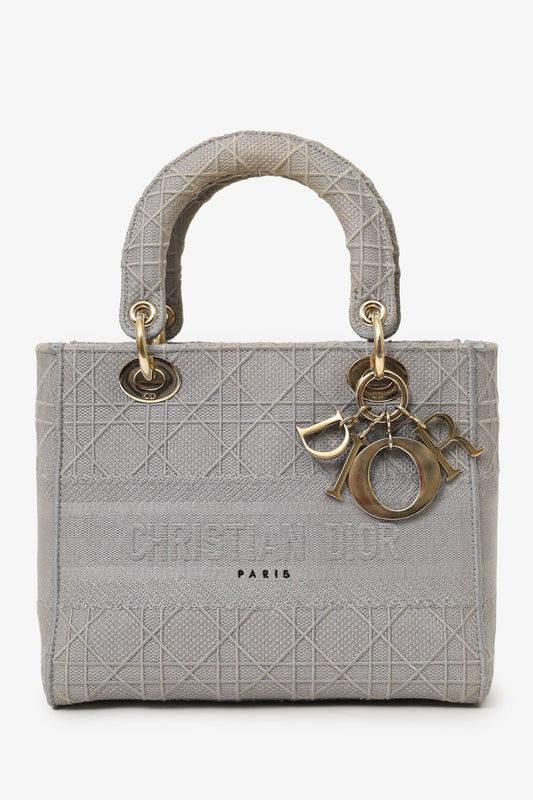 Christian Dior 2020 Grey Cannage Embroidered Canvas Medium Lady D-Lite With Strap