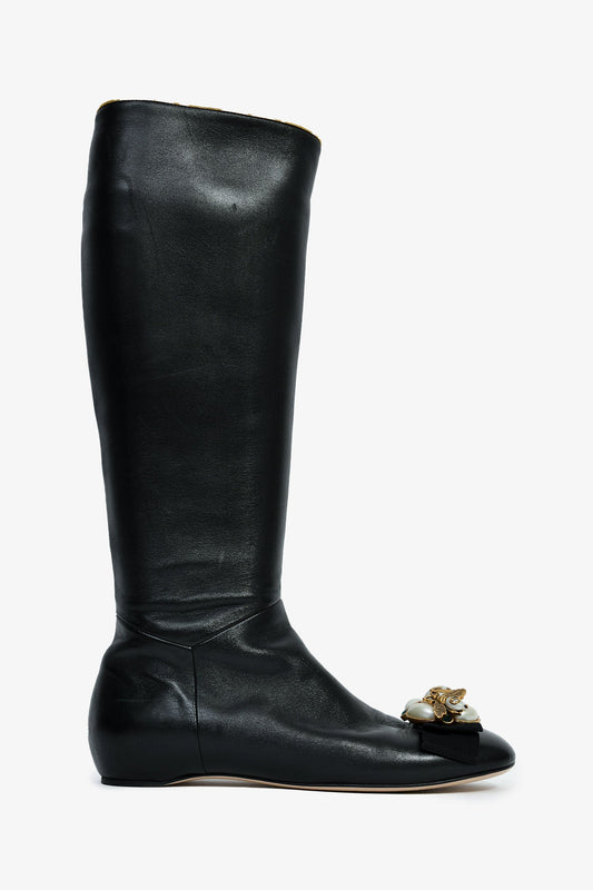 Gucci Black Leather Faux Pearl/Crystal Embellished Knee High Riding Boot Size 37.5