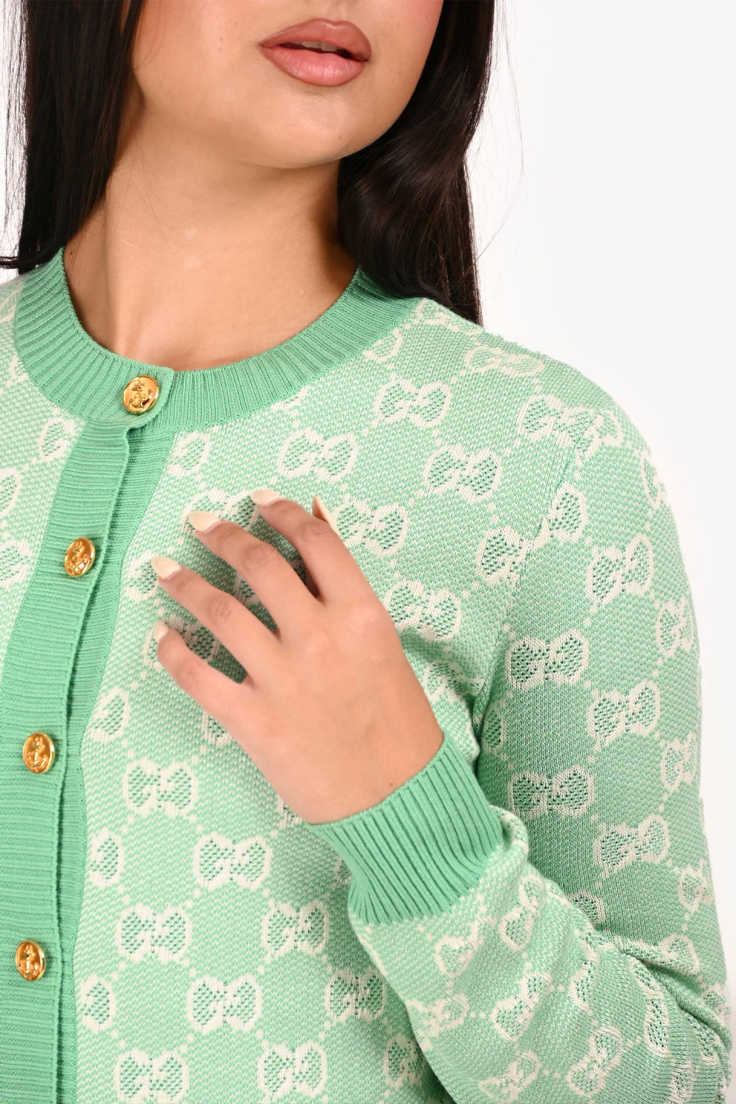 Gucci Green/White Wool/Cotton Supreme Cardigan Size S
