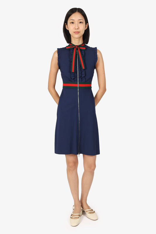 Gucci Navy Ruffled Wed Trim Sleeveless Midi Dress Size XS