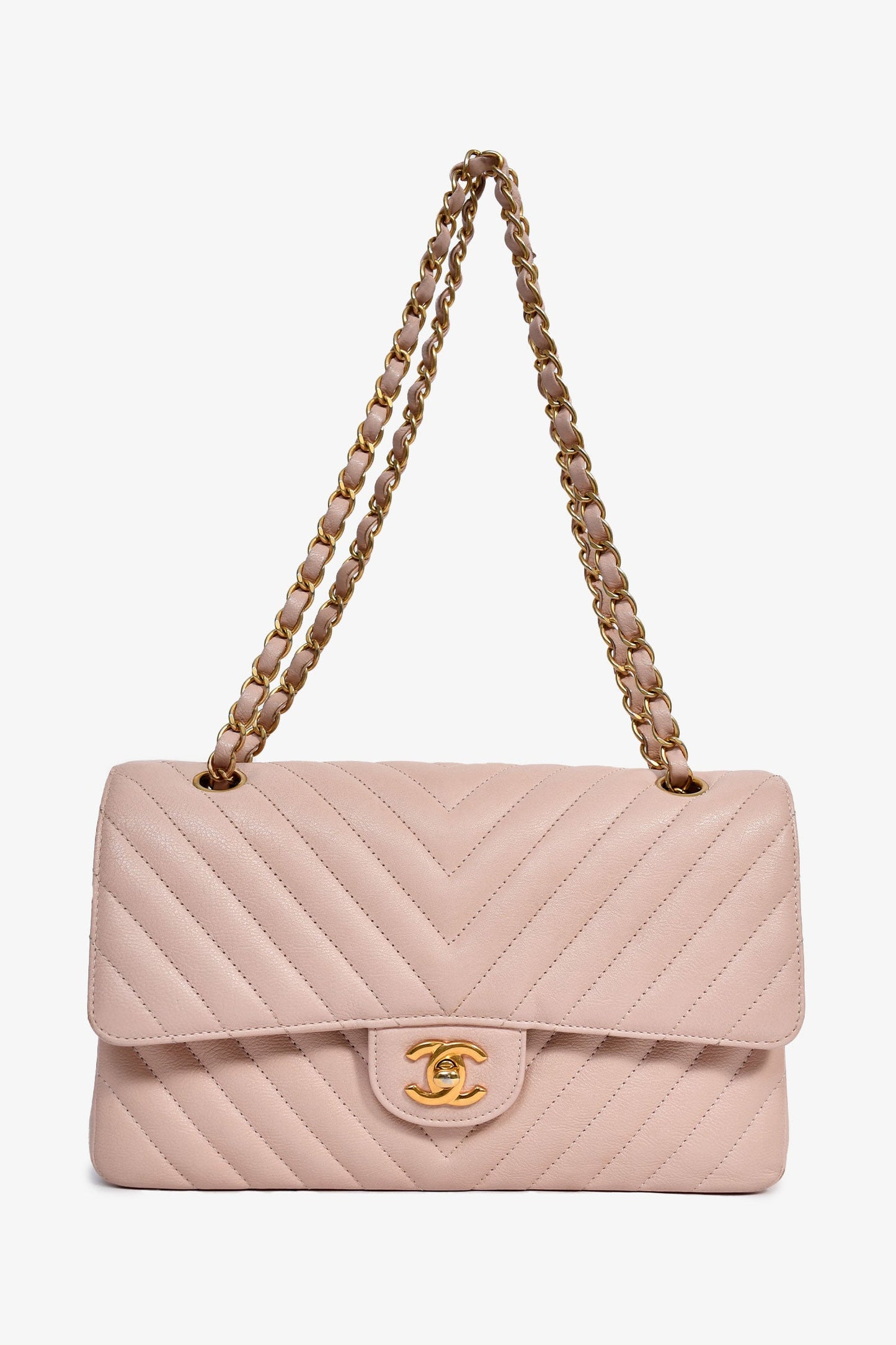Chanel™ 2016-17 Pink Calfskin Chevron Medium Double Flap Shoulder Bag