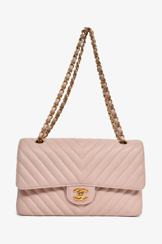 Chanel™ 2016-17 Pink Calfskin Chevron Medium Double Flap Shoulder Bag