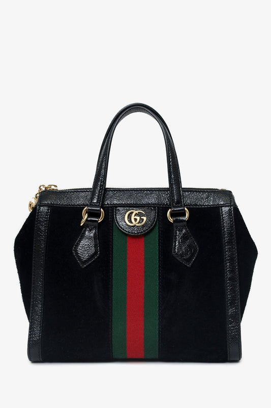 Gucci Black Suede/Patent Web Ophidia Small Tote Bag