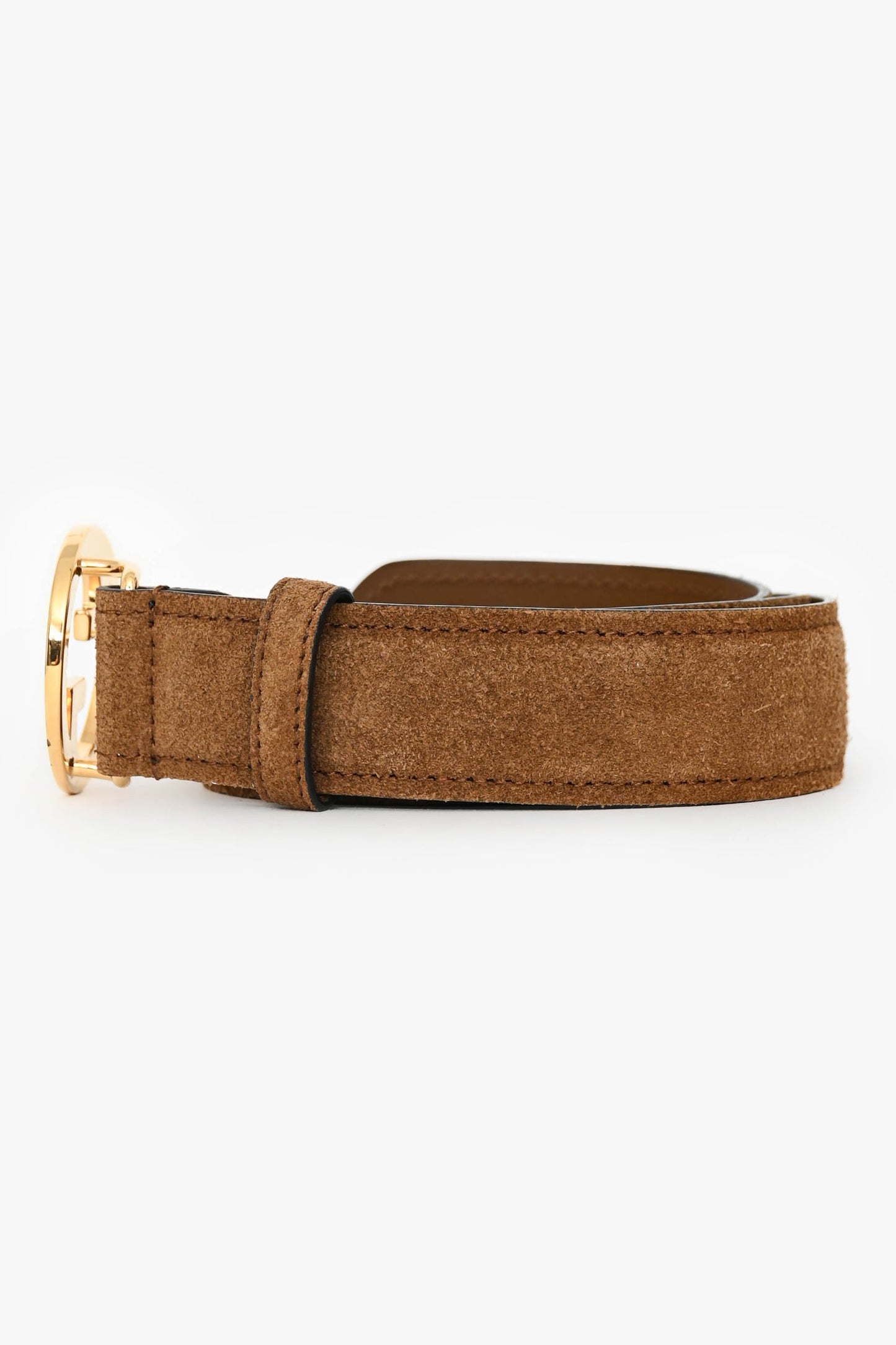 Gucci 2023 Camel Suede Interlocking G Gold Buckle Belt Size 75