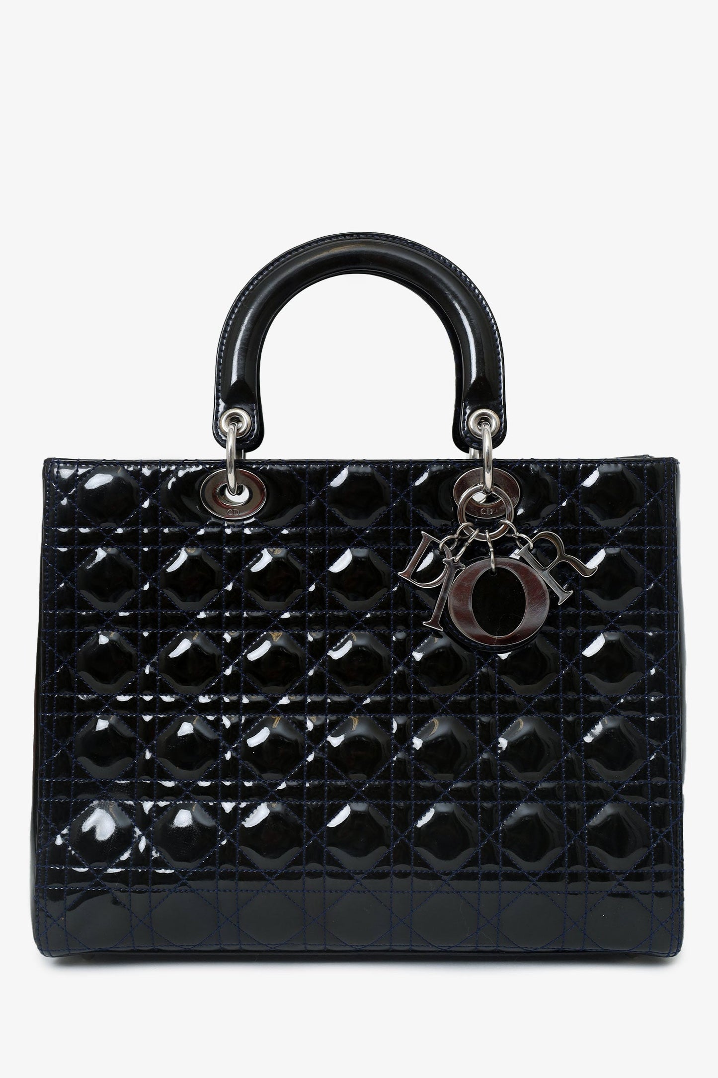 Christian Dior 2009 Black Patent Large Lady Dior Top Handle With Strap