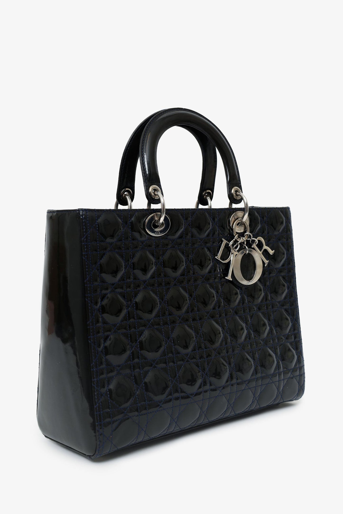 Christian Dior 2009 Black Patent Large Lady Dior Top Handle With Strap