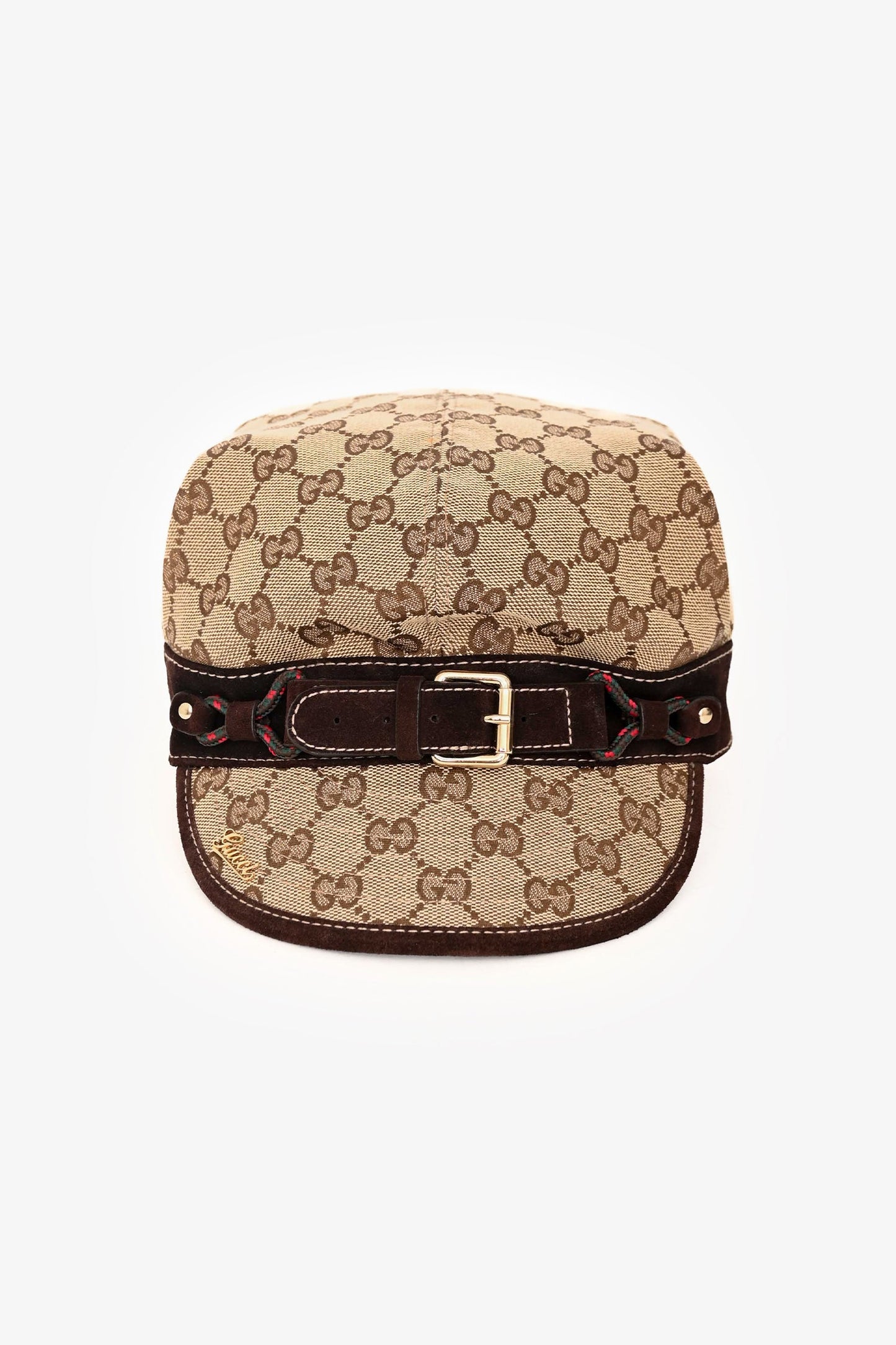 Gucci Brown Leather GG Supreme Buckle Detail Hat Size L