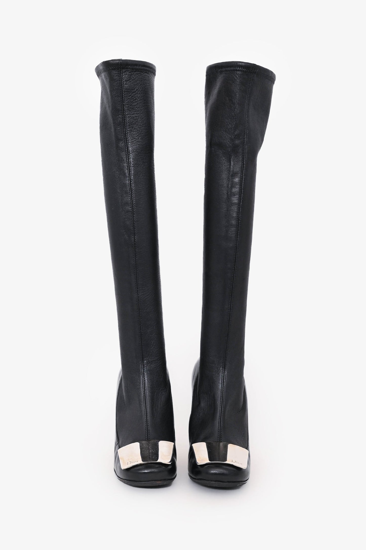 Christian Dior Black Leather Logo Plaque Knee High Boots Size 36