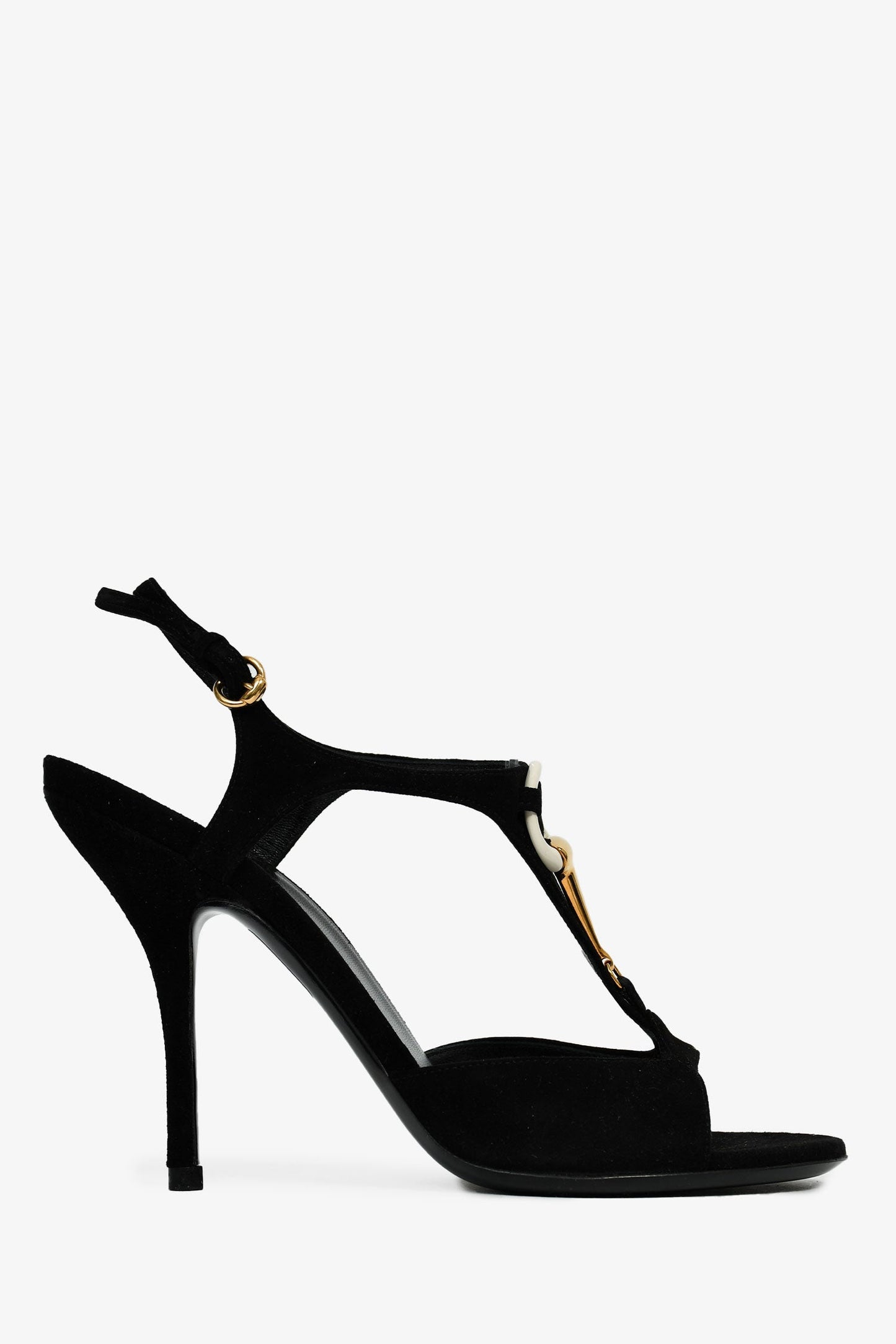 Gucci Vintage Black Suede Gold/White Detailed Heeled Sandals Size 37.5
