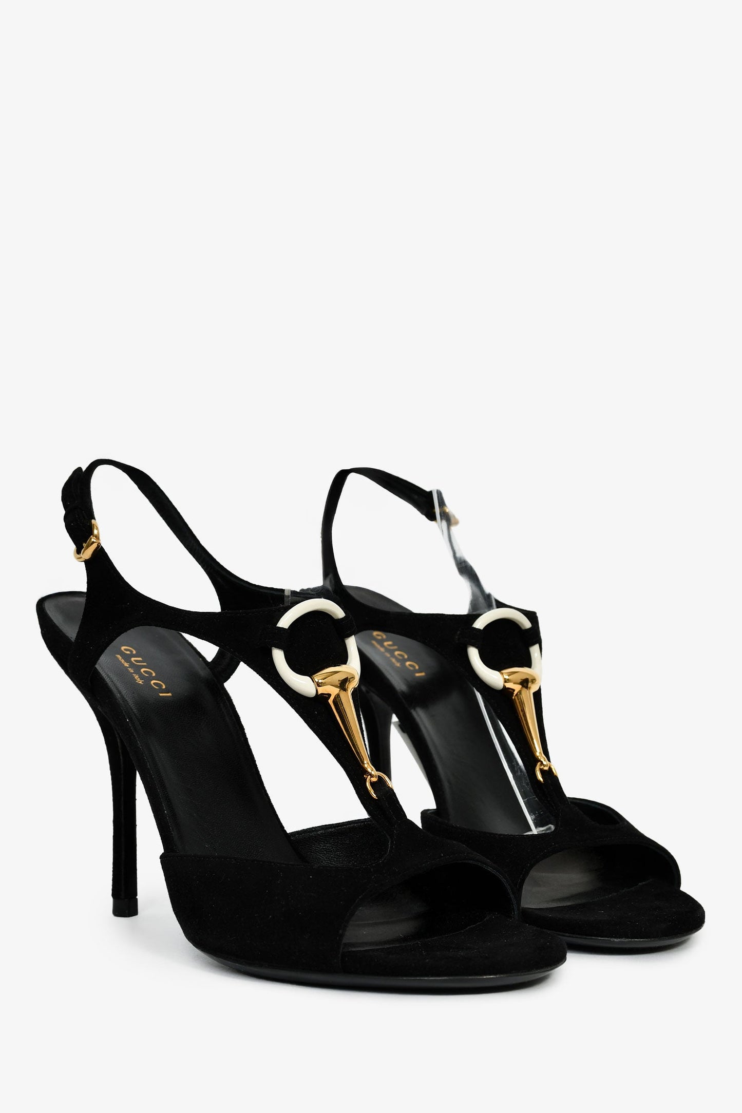 Gucci Vintage Black Suede Gold/White Detailed Heeled Sandals Size 37.5