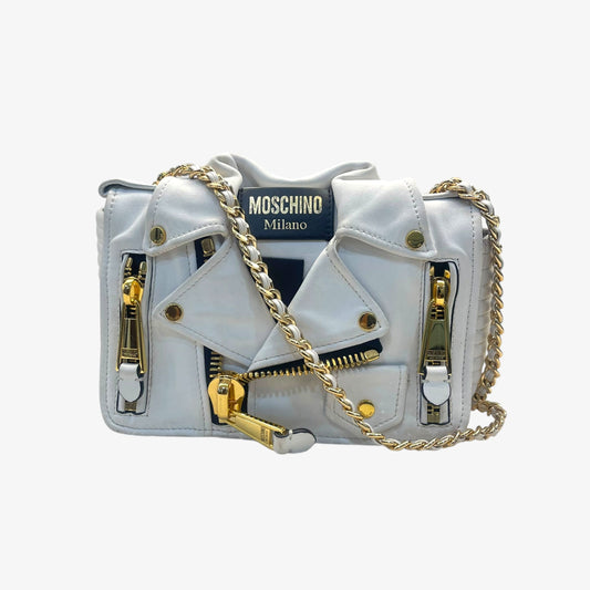 Moschino White Leather Capsule Biker Jacket Shoulder Bag