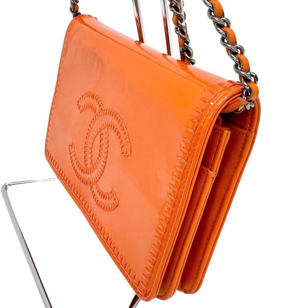 Chanel Patent Leather Chain Wallet Orange