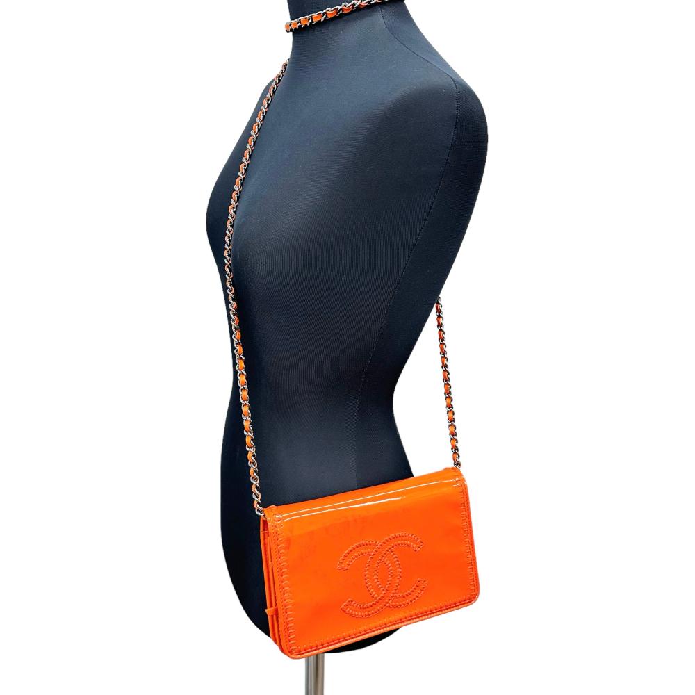 Chanel Patent Leather Chain Wallet Orange