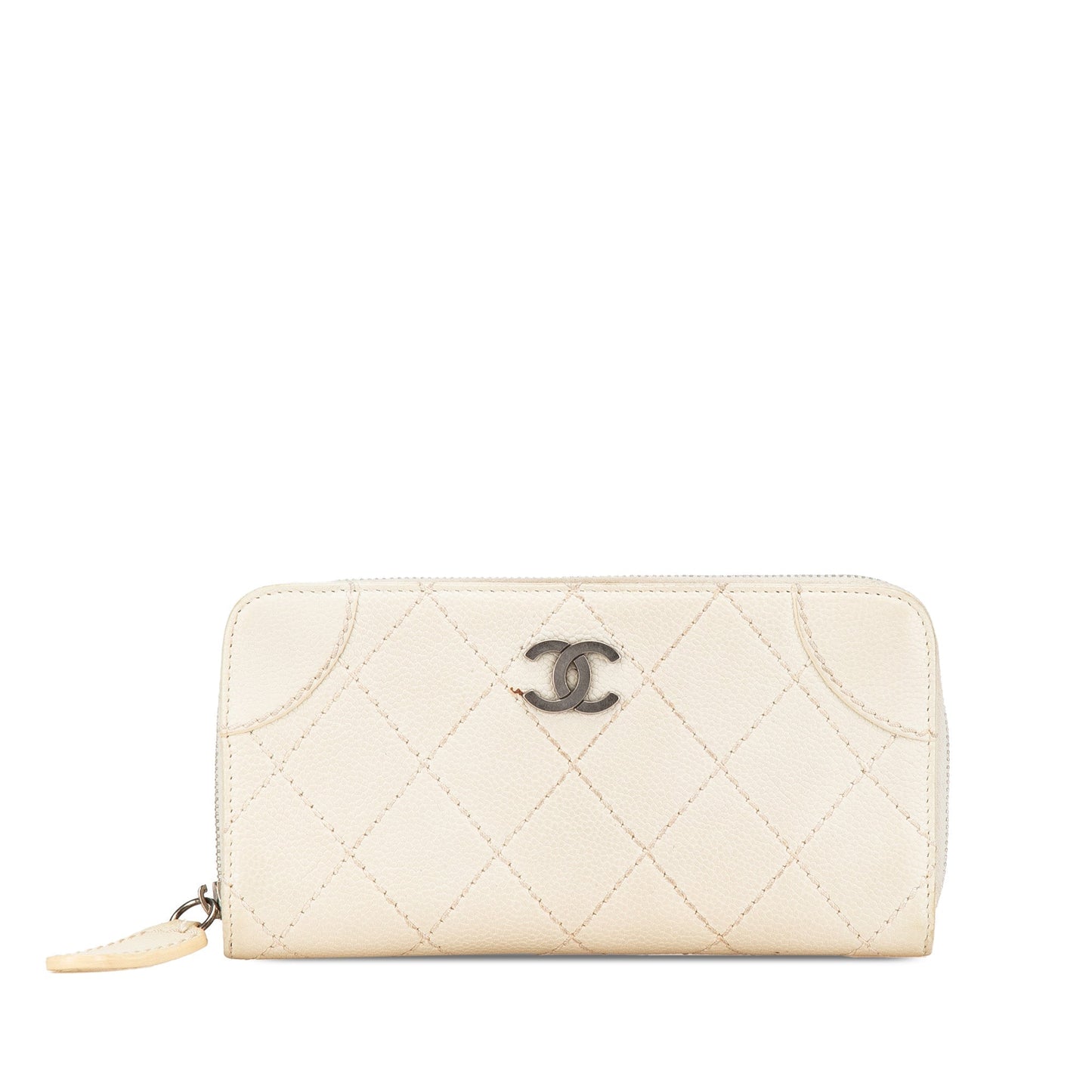White Chanel CC Quilted Caviar Zip Around Long Wallet