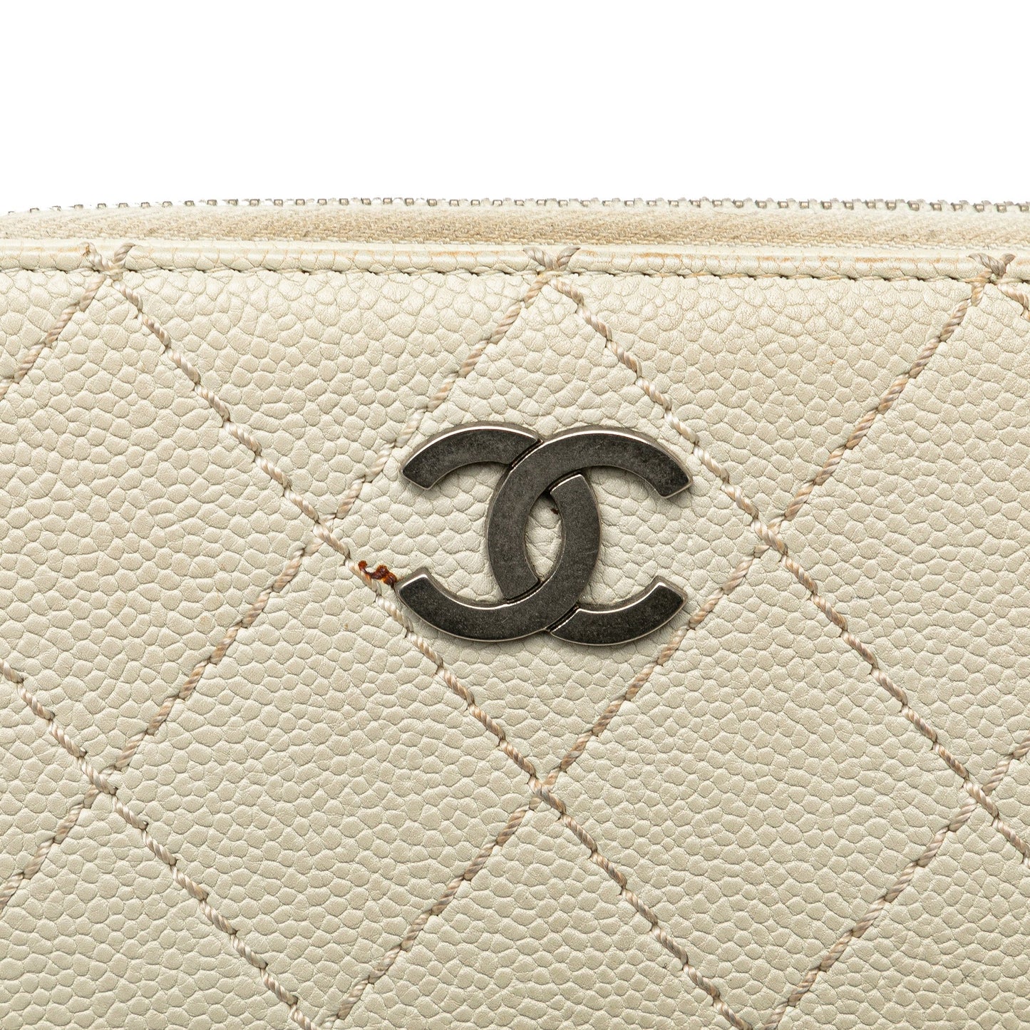 White Chanel CC Quilted Caviar Zip Around Long Wallet
