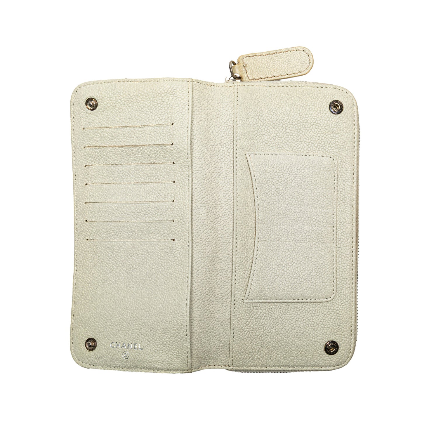 White Chanel CC Quilted Caviar Zip Around Long Wallet