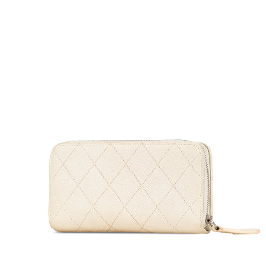 White Chanel CC Quilted Caviar Zip Around Long Wallet