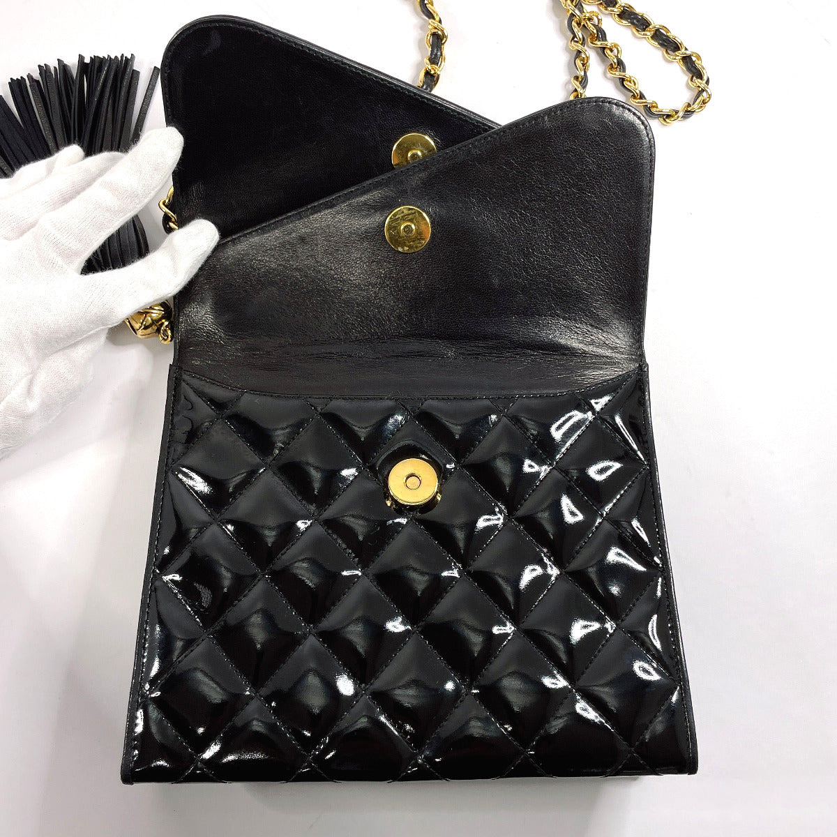 CHANEL Shoulder Bag Patent leather black W flap ChainShoulder Matrasse Women Used