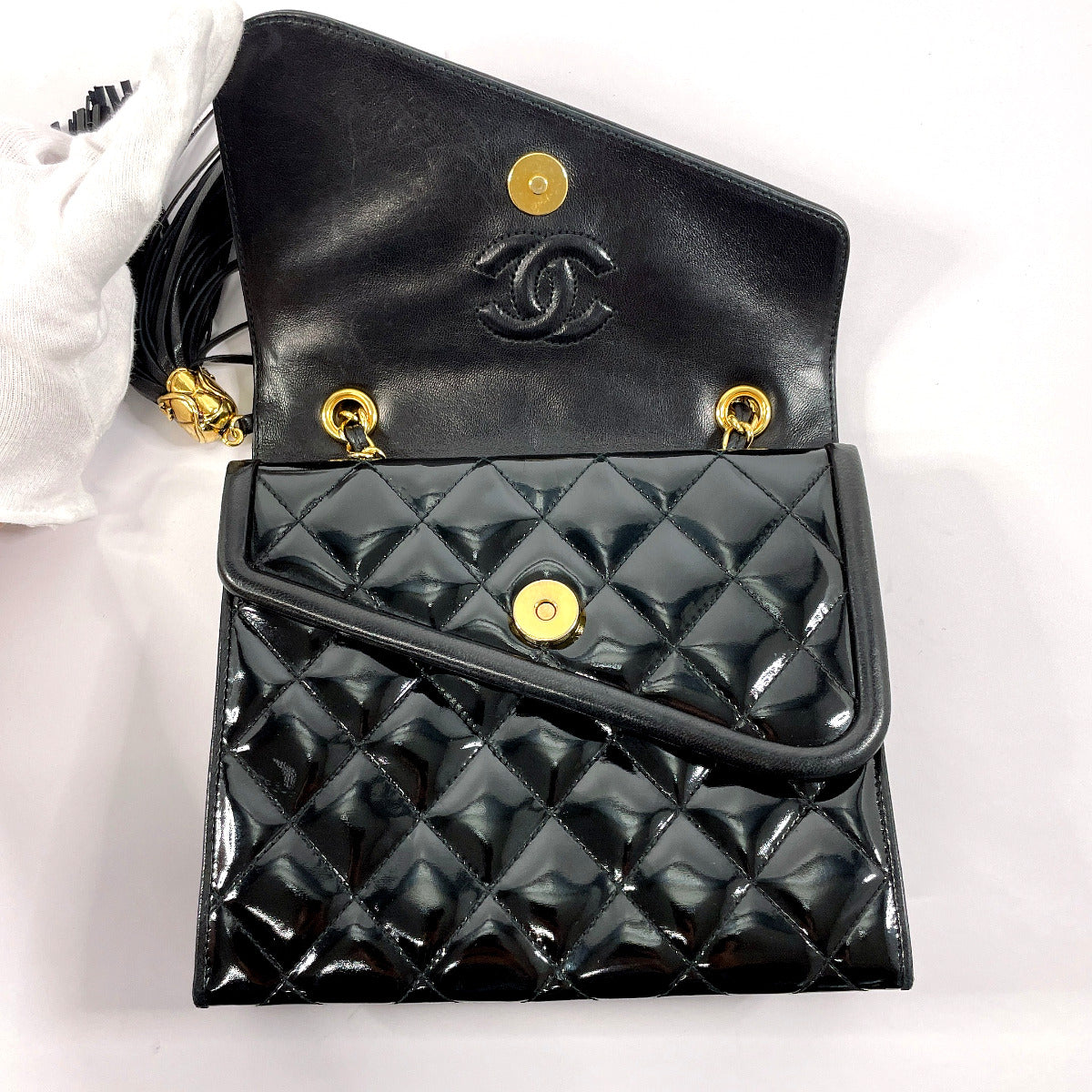 CHANEL Shoulder Bag Patent leather black W flap ChainShoulder Matrasse Women Used