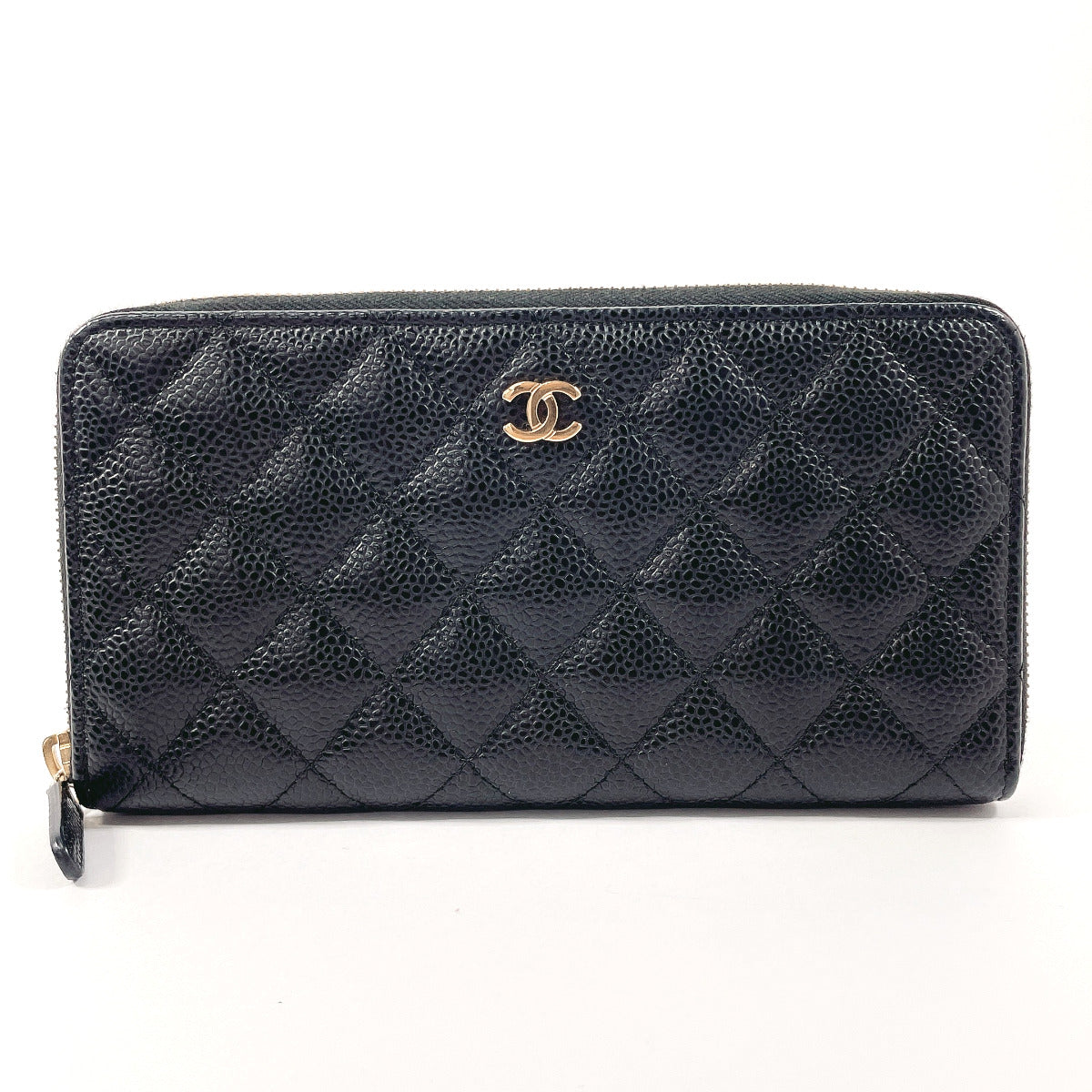 CHANEL Long Wallet Purse Matt caviar skin black Zip Around COCO Mark Women Used