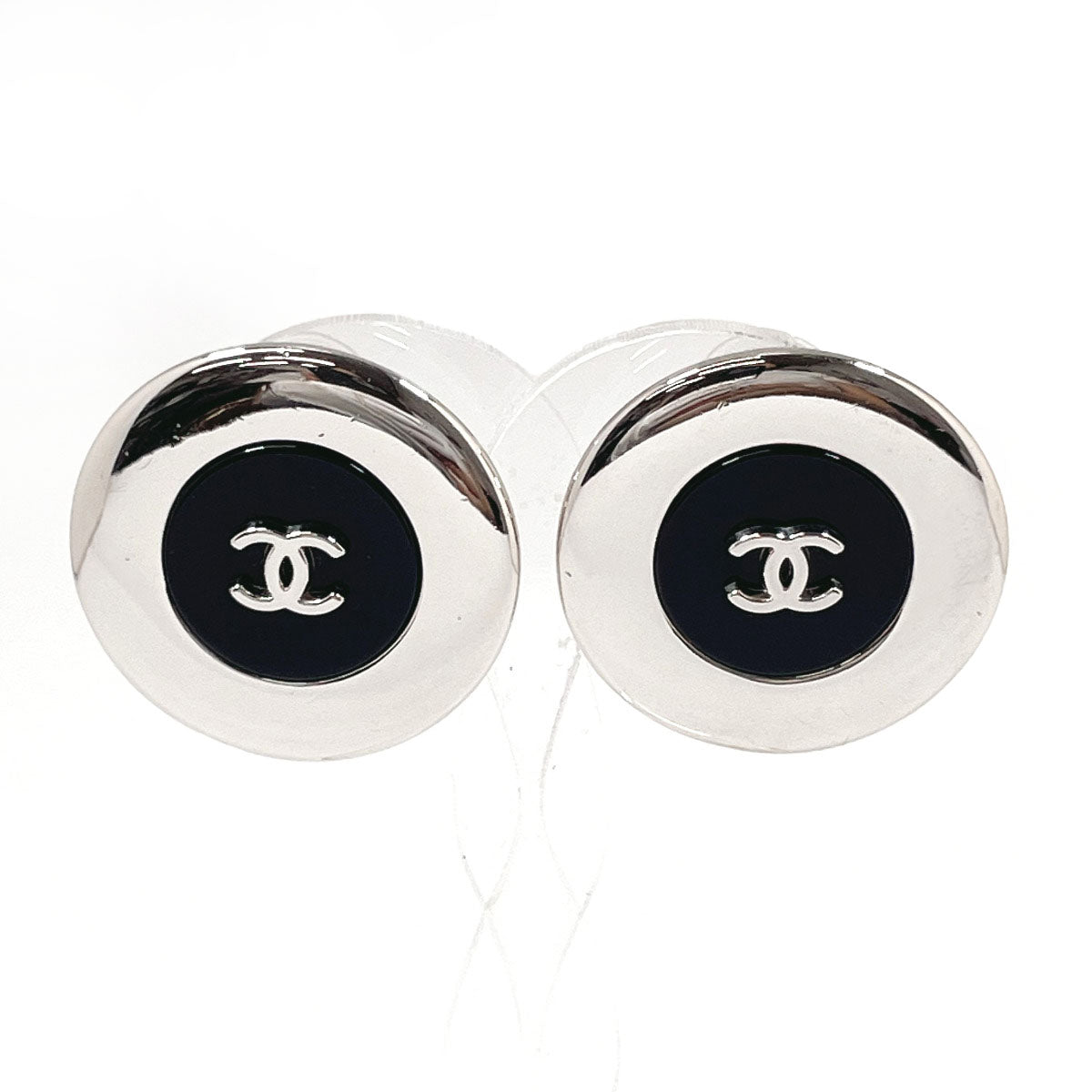 CHANEL Earring metal Silver black round COCO Mark