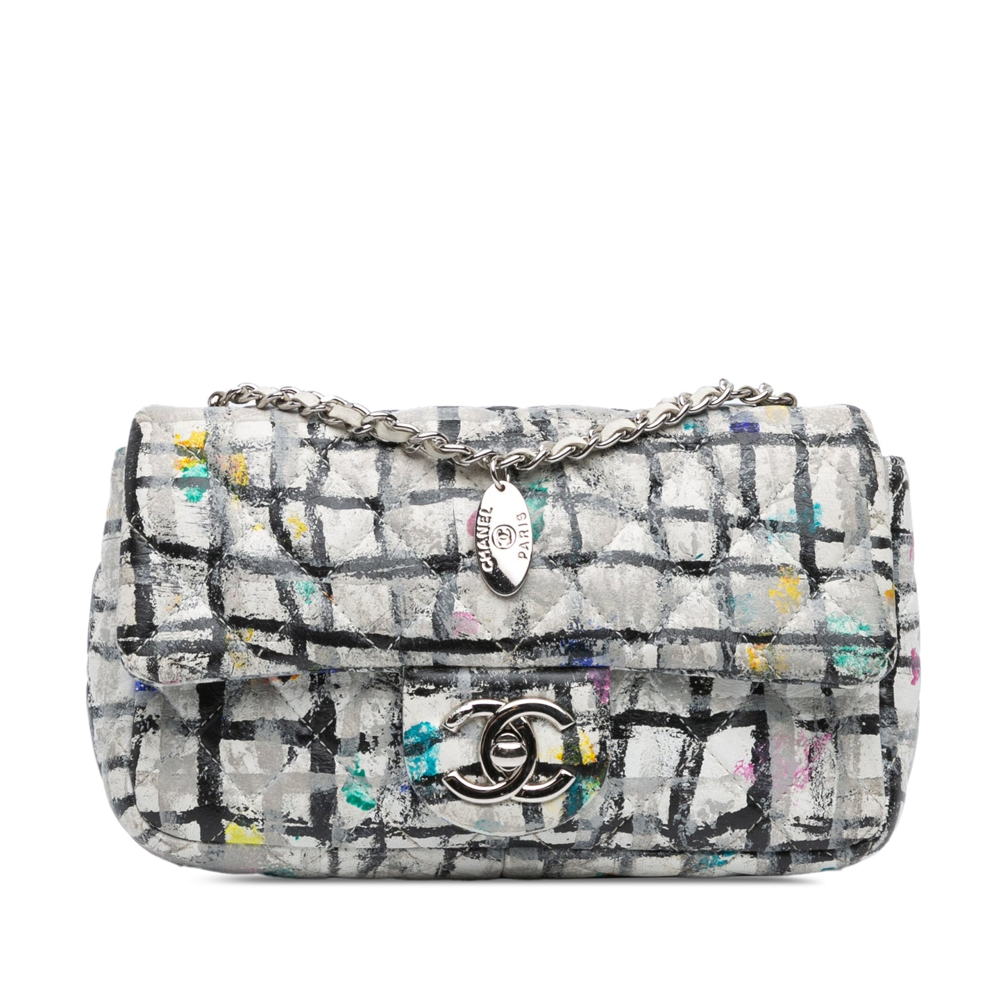 White Chanel Mini Rectangular Calfskin Hand Painted Graffiti Flap Crossbody Bag