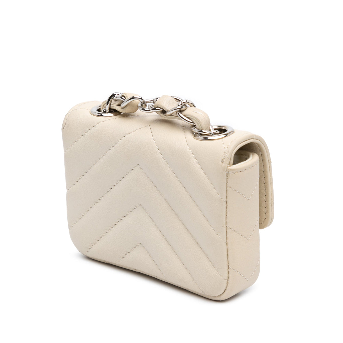 White Chanel Mini Chevron Lambskin Card Holder Chain Belt Bag