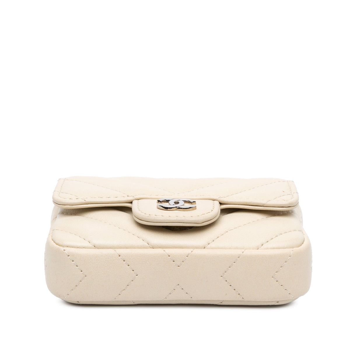 White Chanel Mini Chevron Lambskin Card Holder Chain Belt Bag