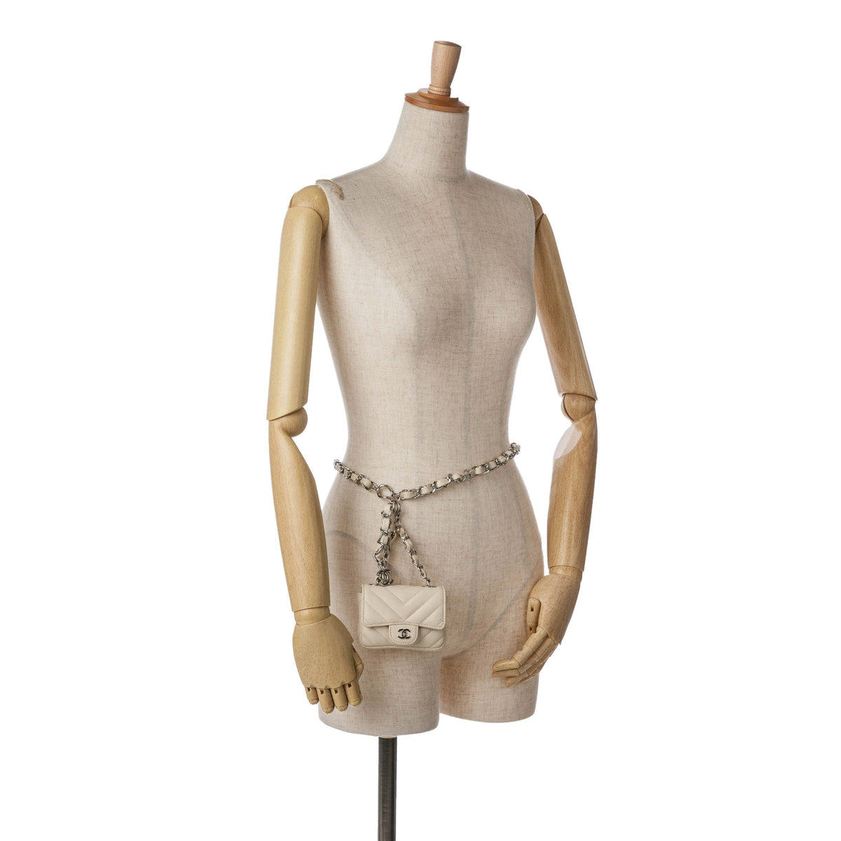 White Chanel Mini Chevron Lambskin Card Holder Chain Belt Bag
