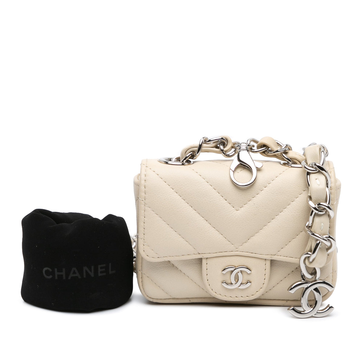 White Chanel Mini Chevron Lambskin Card Holder Chain Belt Bag