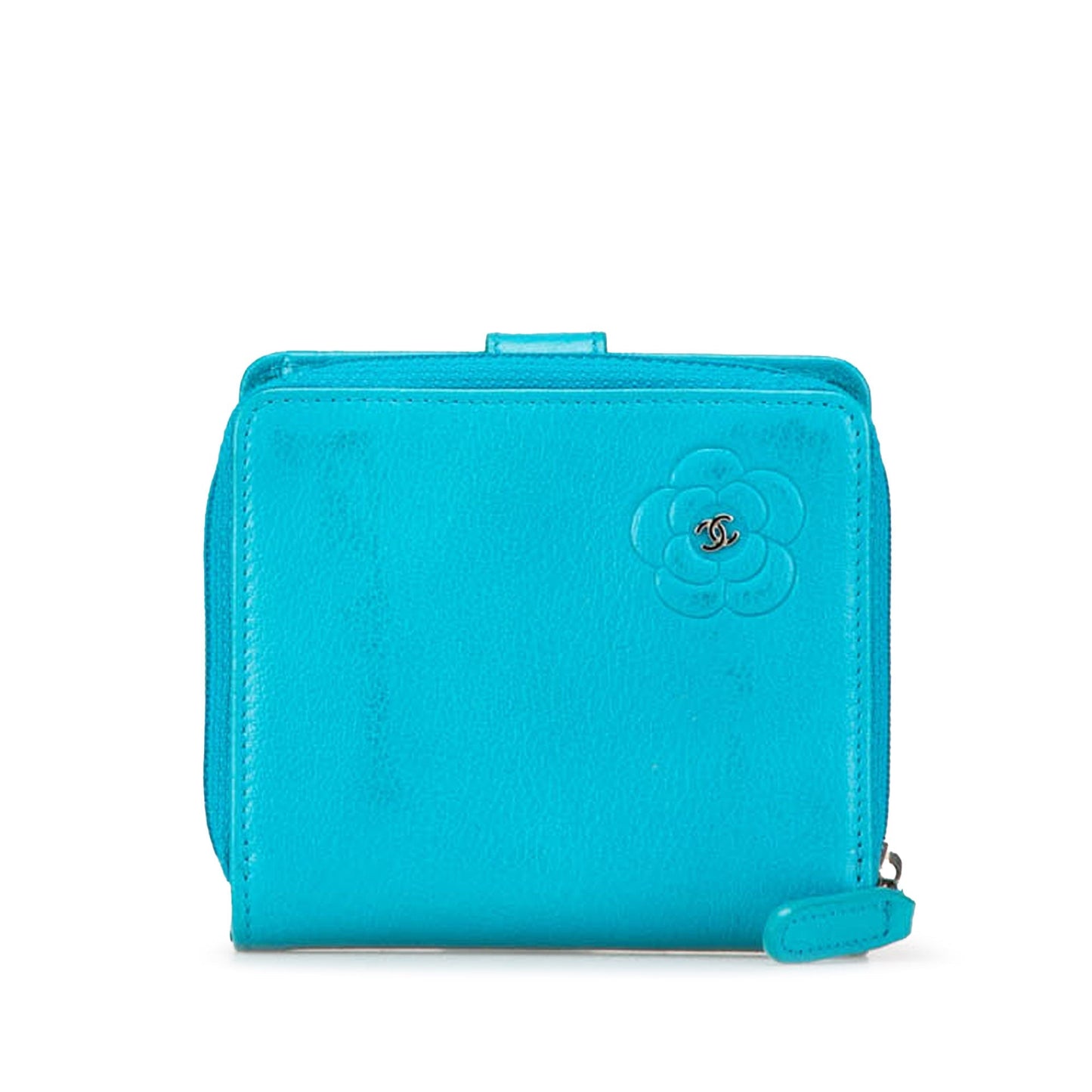 Blue Chanel CC Camellia Calfskin Zip Around Small Wallet