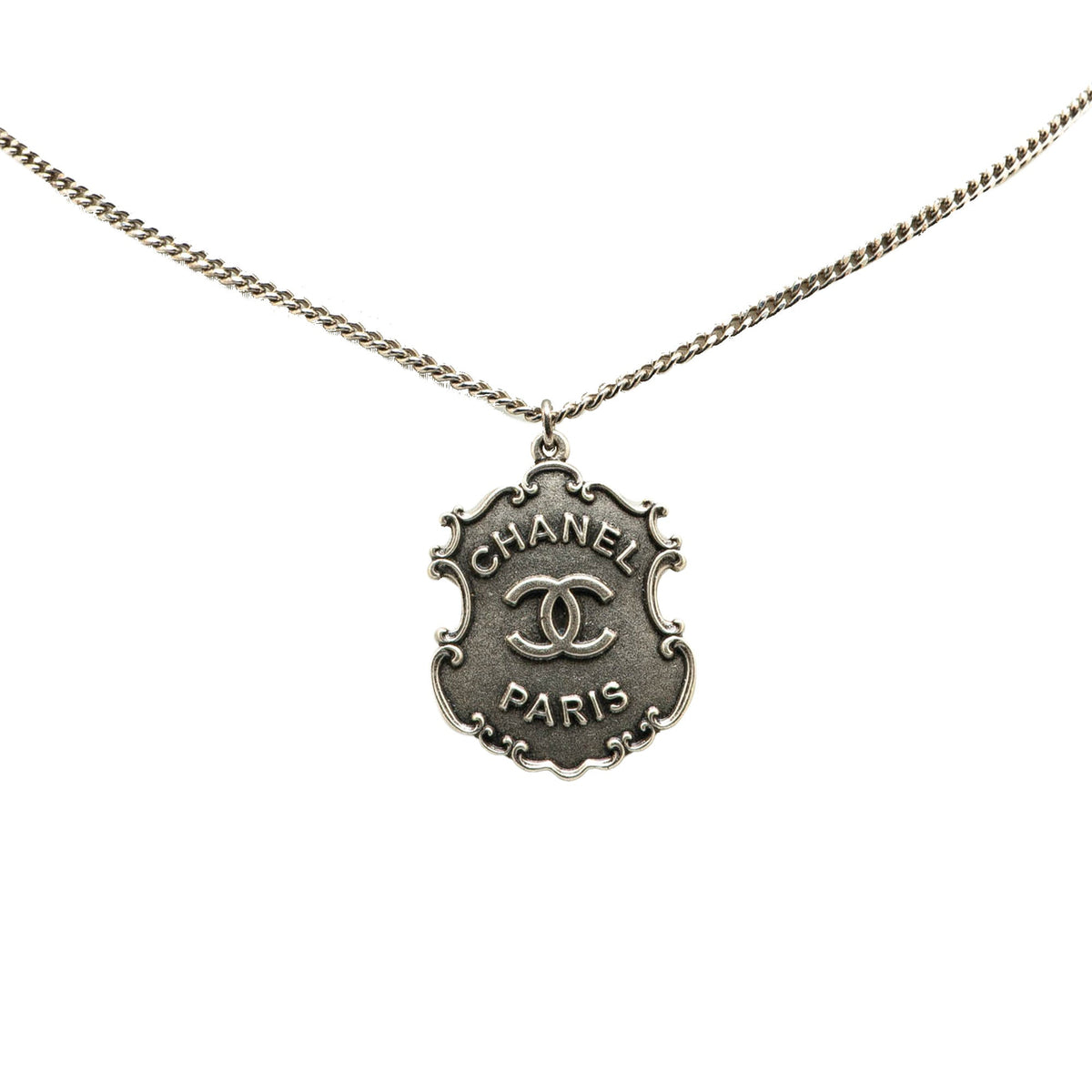 Silver Chanel Paris-Dallas Silver CC Sheriff Badge Pendant Necklace