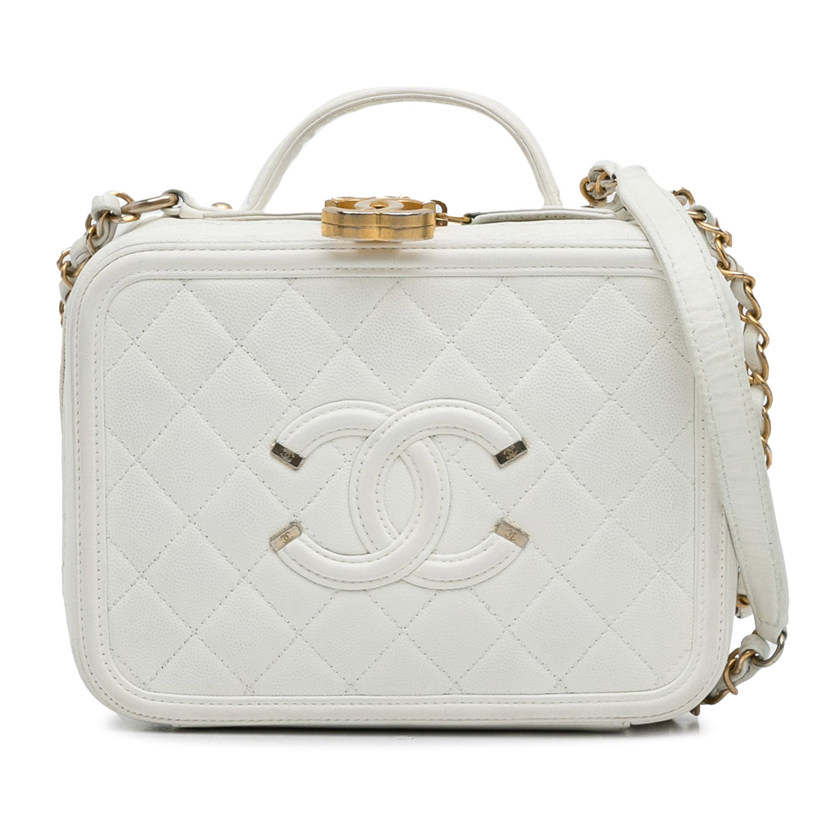 White Chanel Medium Caviar Filigree Vanity Case Satchel