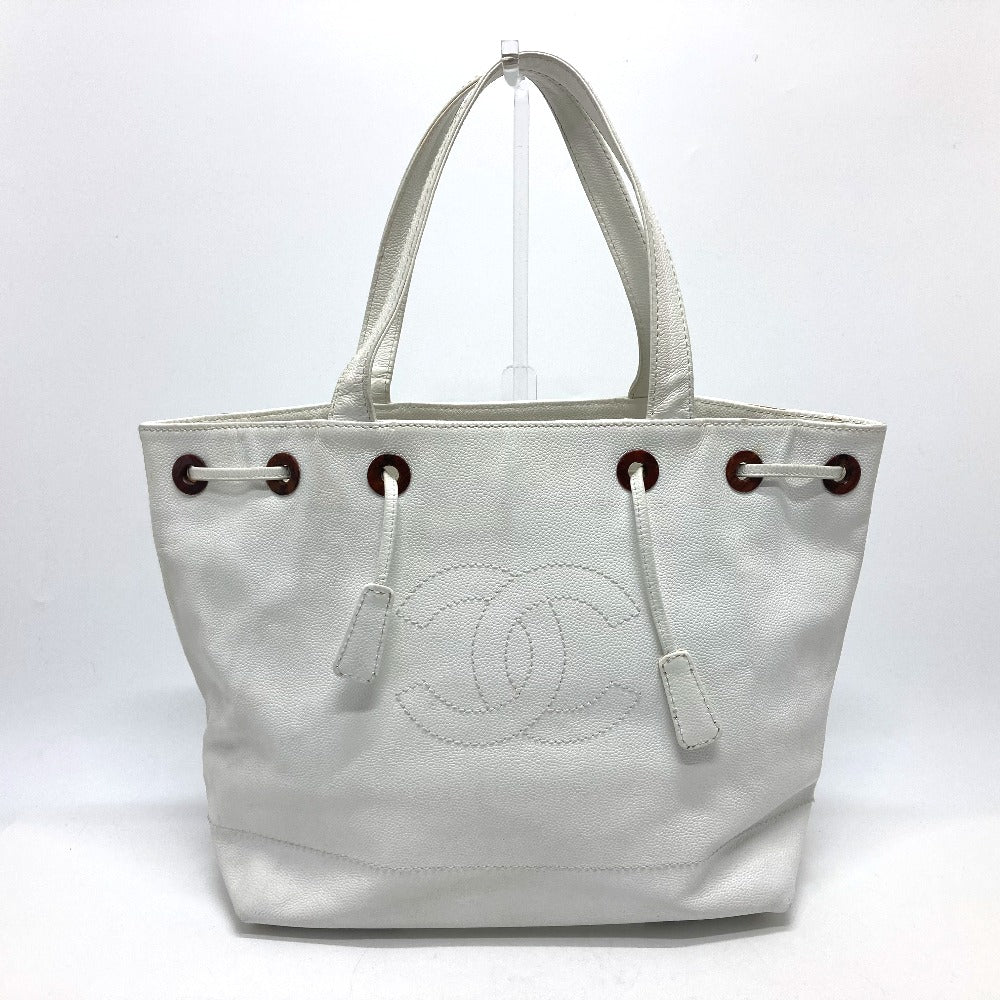 CHANEL Tote Bag Caviar skin white CC COCO Mark purse Women Used