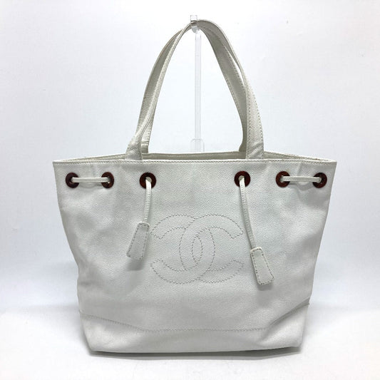CHANEL Tote Bag Caviar skin white CC COCO Mark purse Women Used