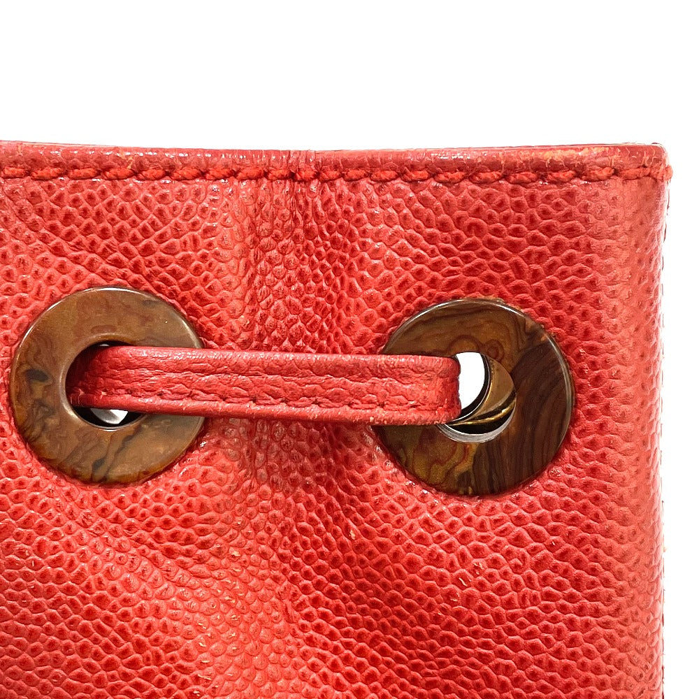 CHANEL Tote Bag Caviar skin Red CC COCO Mark Wood-like drawstring type Women Used