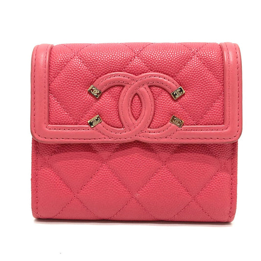 CHANEL Trifold wallet AP0375 Caviar skin Pink type CC filigree Matrasse Women Used