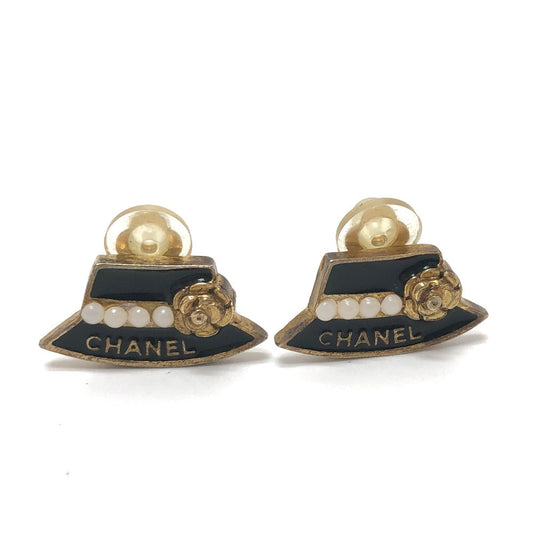 CHANEL Earring Gold Plated black Hat motif Women Used
