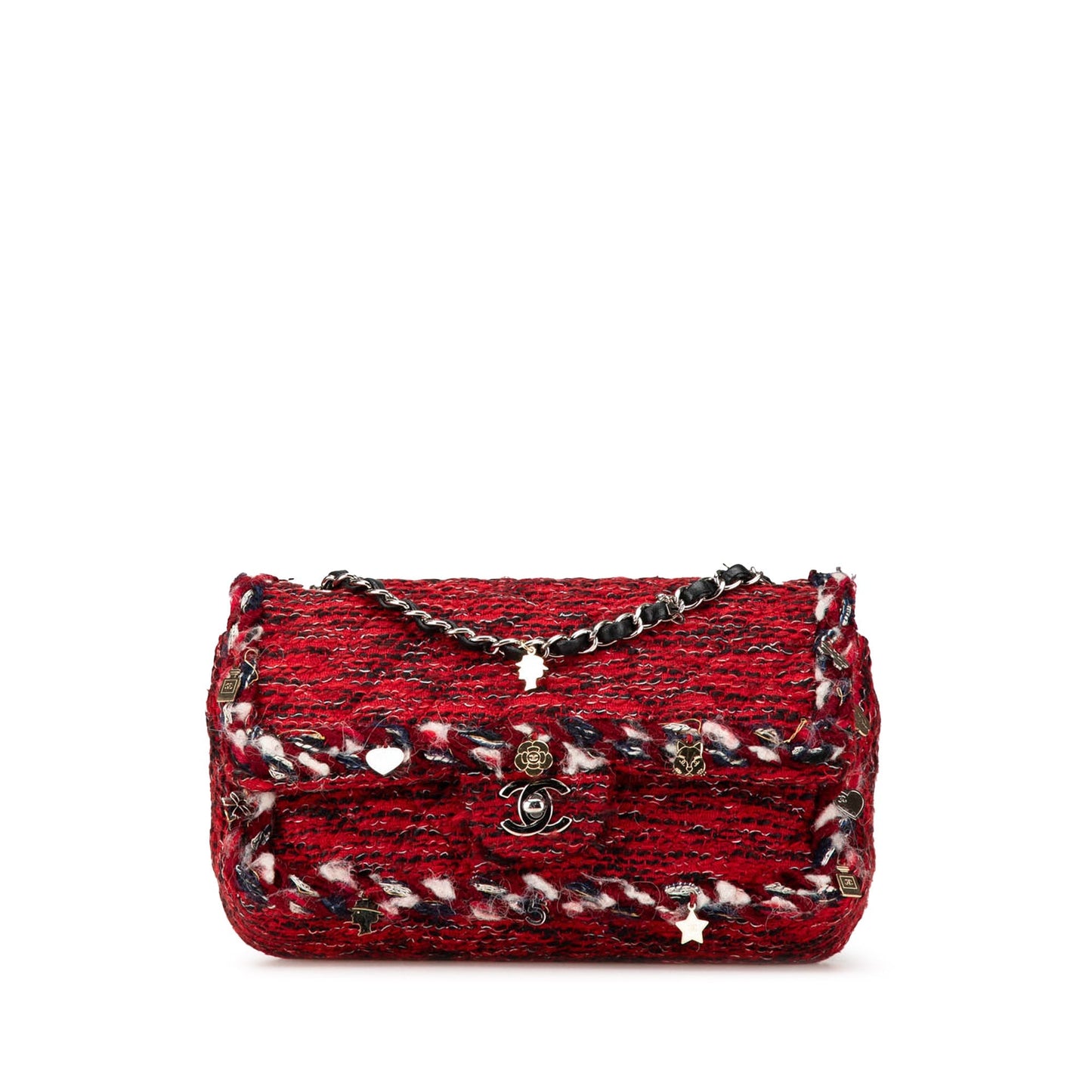 Red Chanel Medium Tweed Braided Charms Double Flap Shoulder Bag
