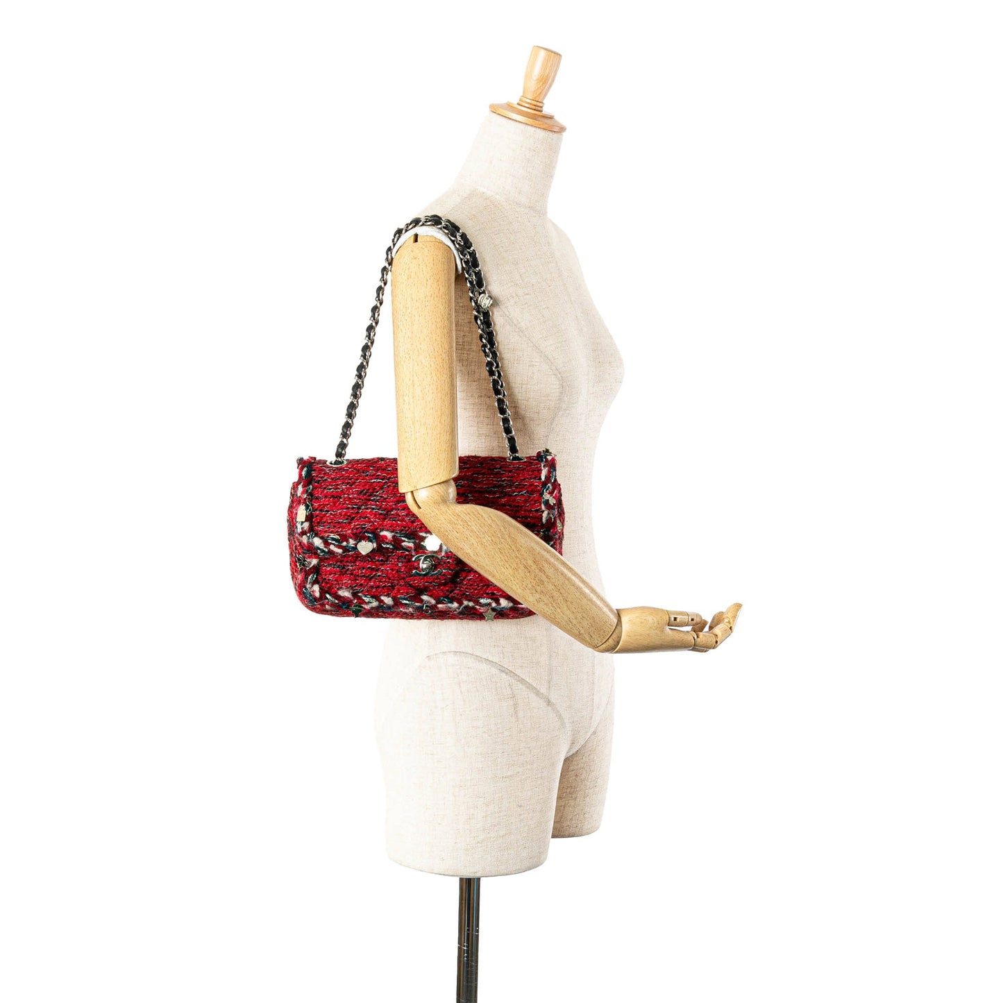 Red Chanel Medium Tweed Braided Charms Double Flap Shoulder Bag