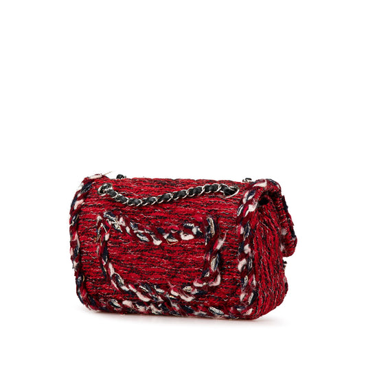 Red Chanel Medium Tweed Braided Charms Double Flap Shoulder Bag