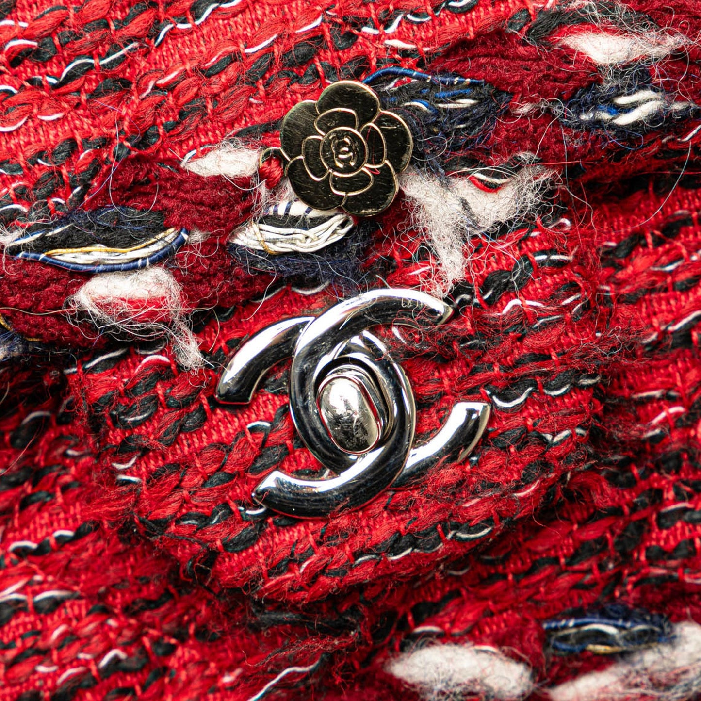 Red Chanel Medium Tweed Braided Charms Double Flap Shoulder Bag