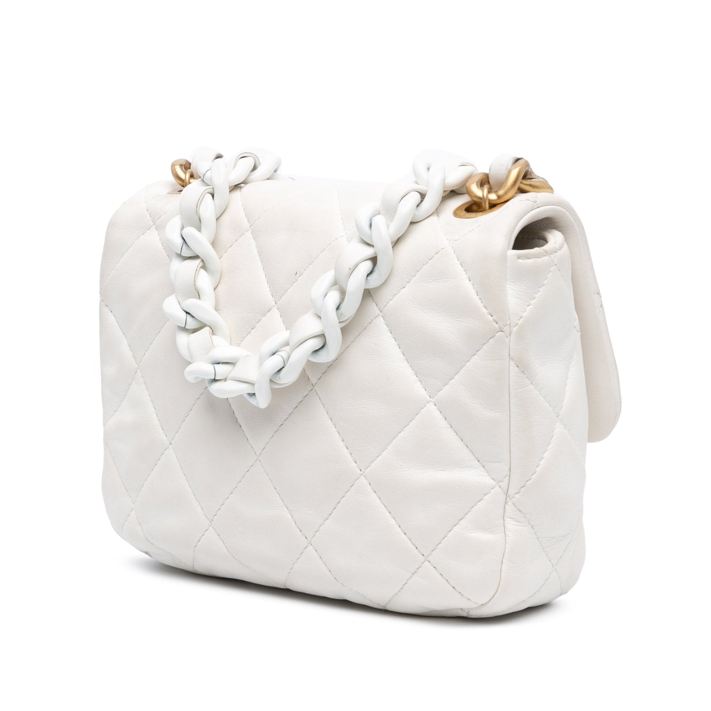 White Chanel Mini Quilted Lambskin Lacquered Chain Flap Crossbody Bag