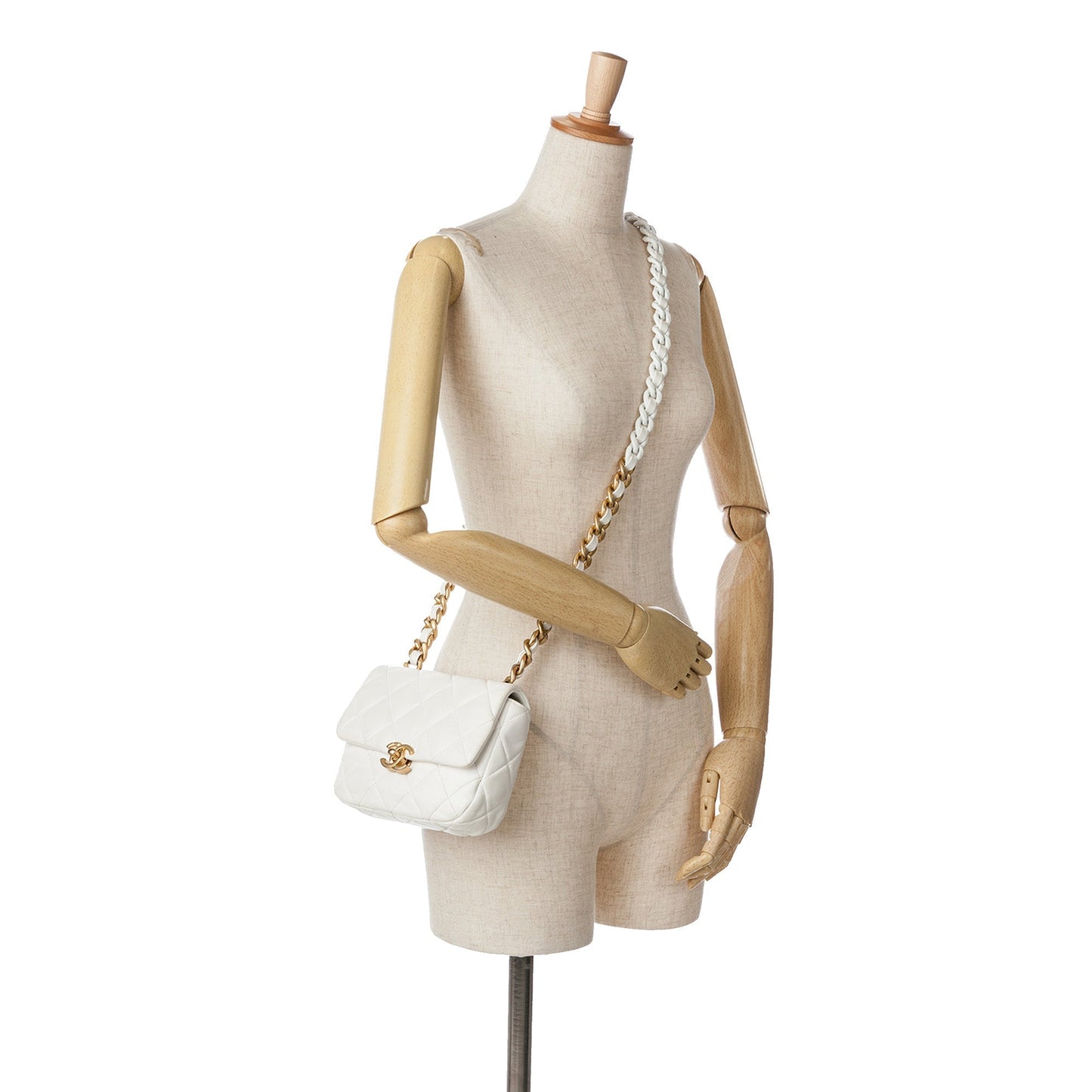 White Chanel Mini Quilted Lambskin Lacquered Chain Flap Crossbody Bag