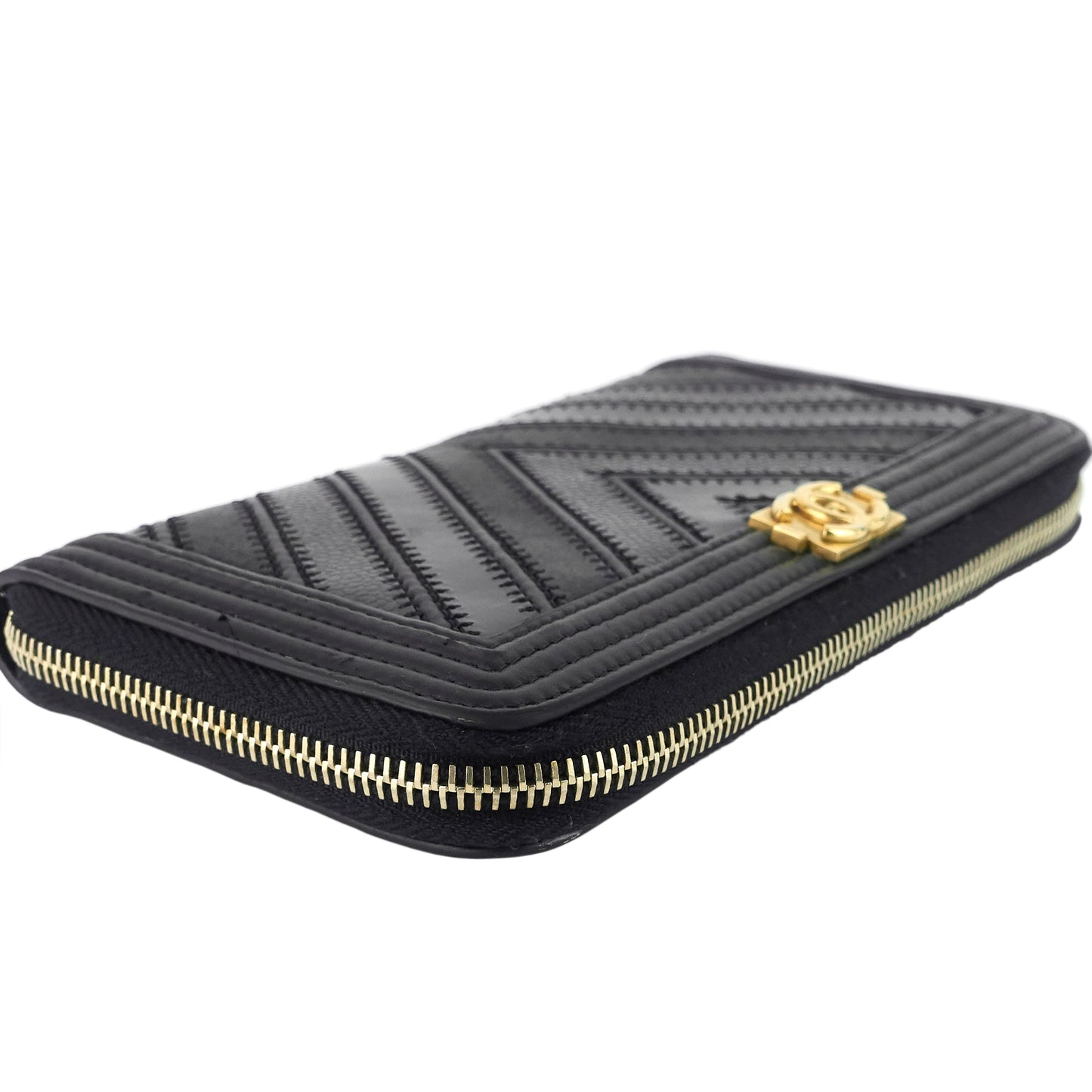 CHANEL Boy Chevron Mixed Leather Zip Around Wallet