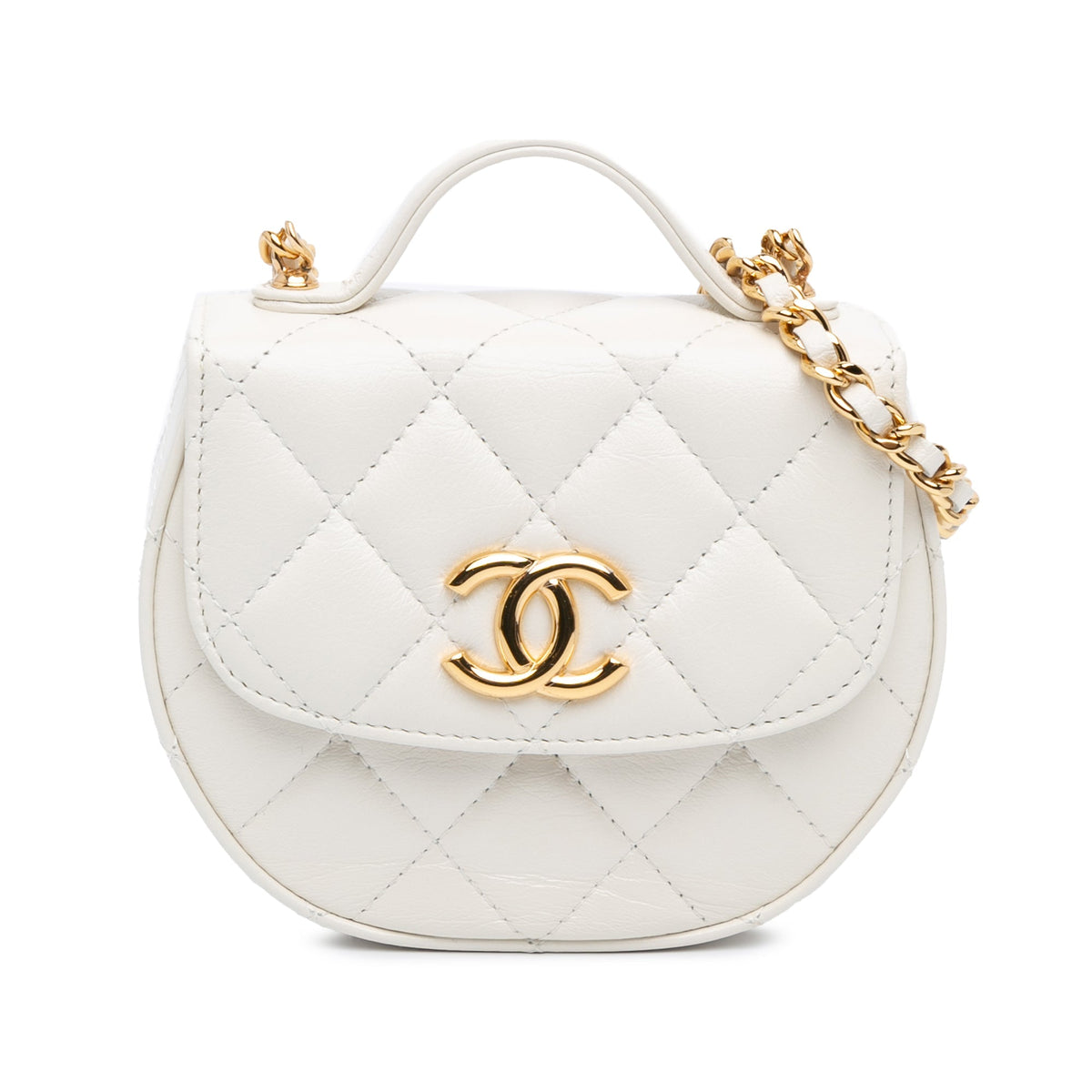 White Chanel Mini CC Quilted Aged Calfskin Top Handle Clutch with Chain
