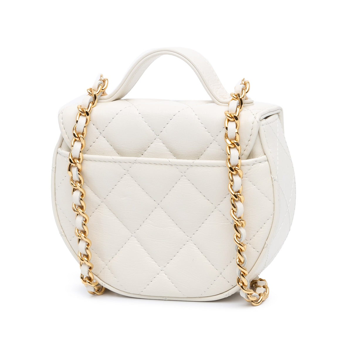 White Chanel Mini CC Quilted Aged Calfskin Top Handle Clutch with Chain