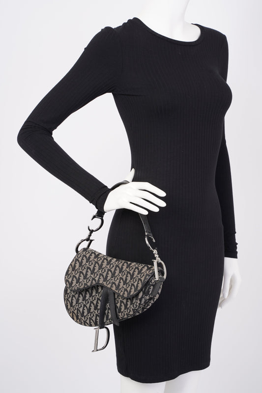 Christian Dior Saddle Black And Grey Oblique Canvas